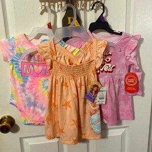 Disney, Wonder Nation, Garanimals baby girl dresses and onesie bundle; size: 12M